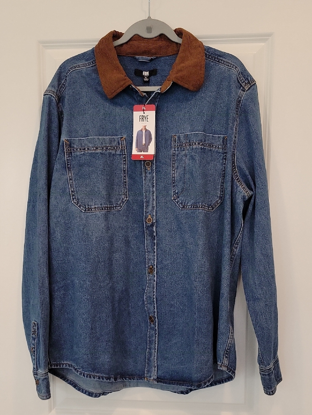 Frye Men's Blue Denim Barn Shacket Brown Corduroy Collar XL NWT